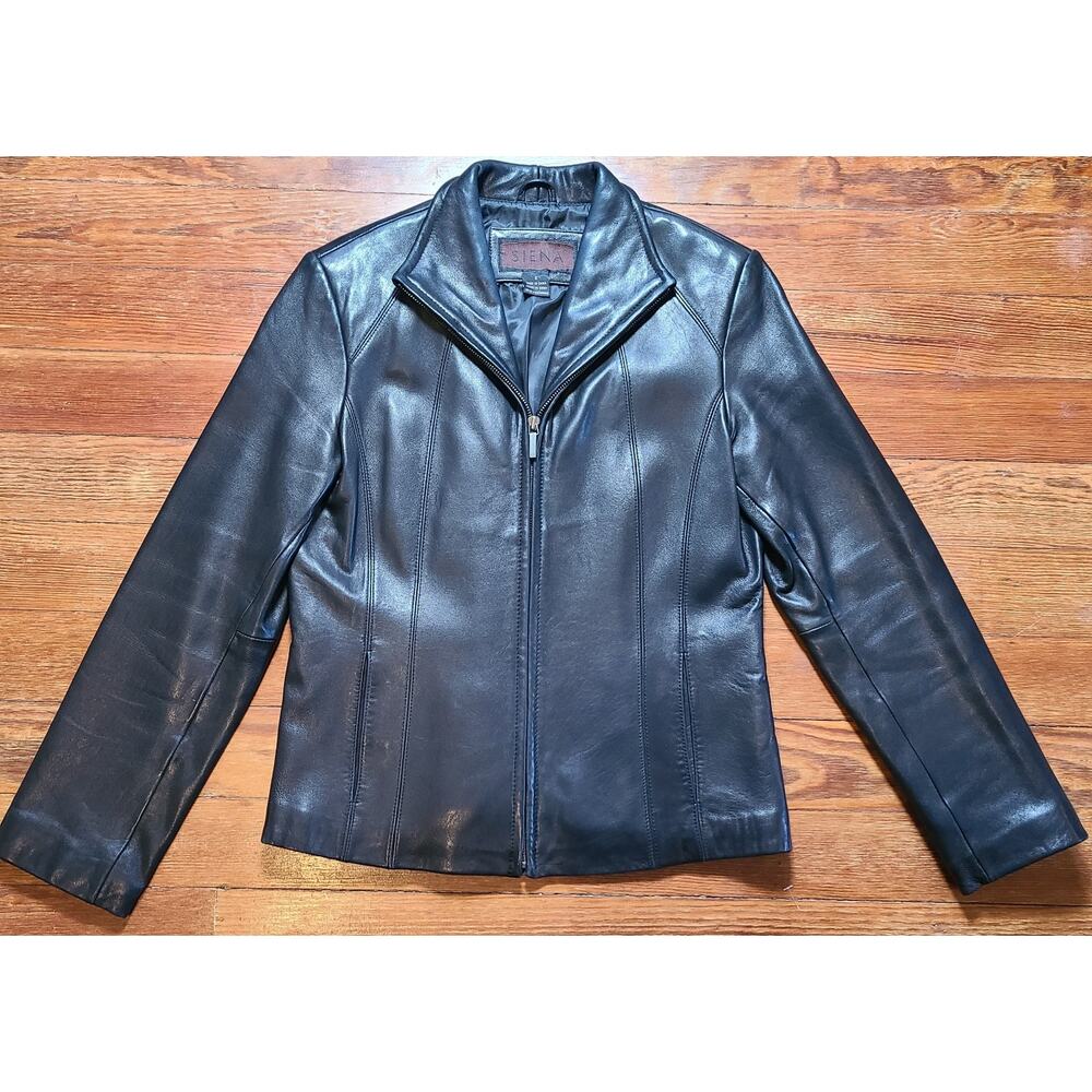 Siena Womens Moto Style Leather Jacket Full Zip Pockets SZ Sm Black Collar Dress